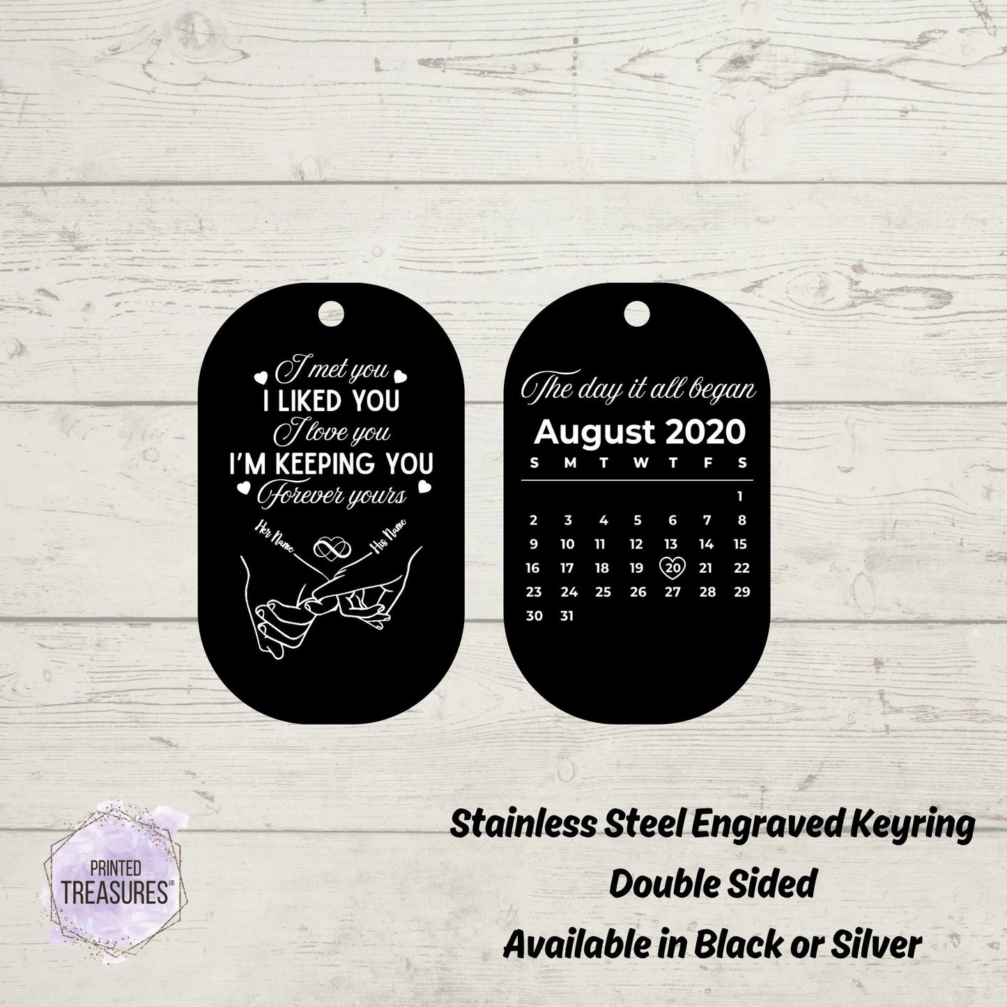 Personalised Keyring – Custom Names & Date, “I Met You, I Liked You” Design with Calendar - Printed Treasures