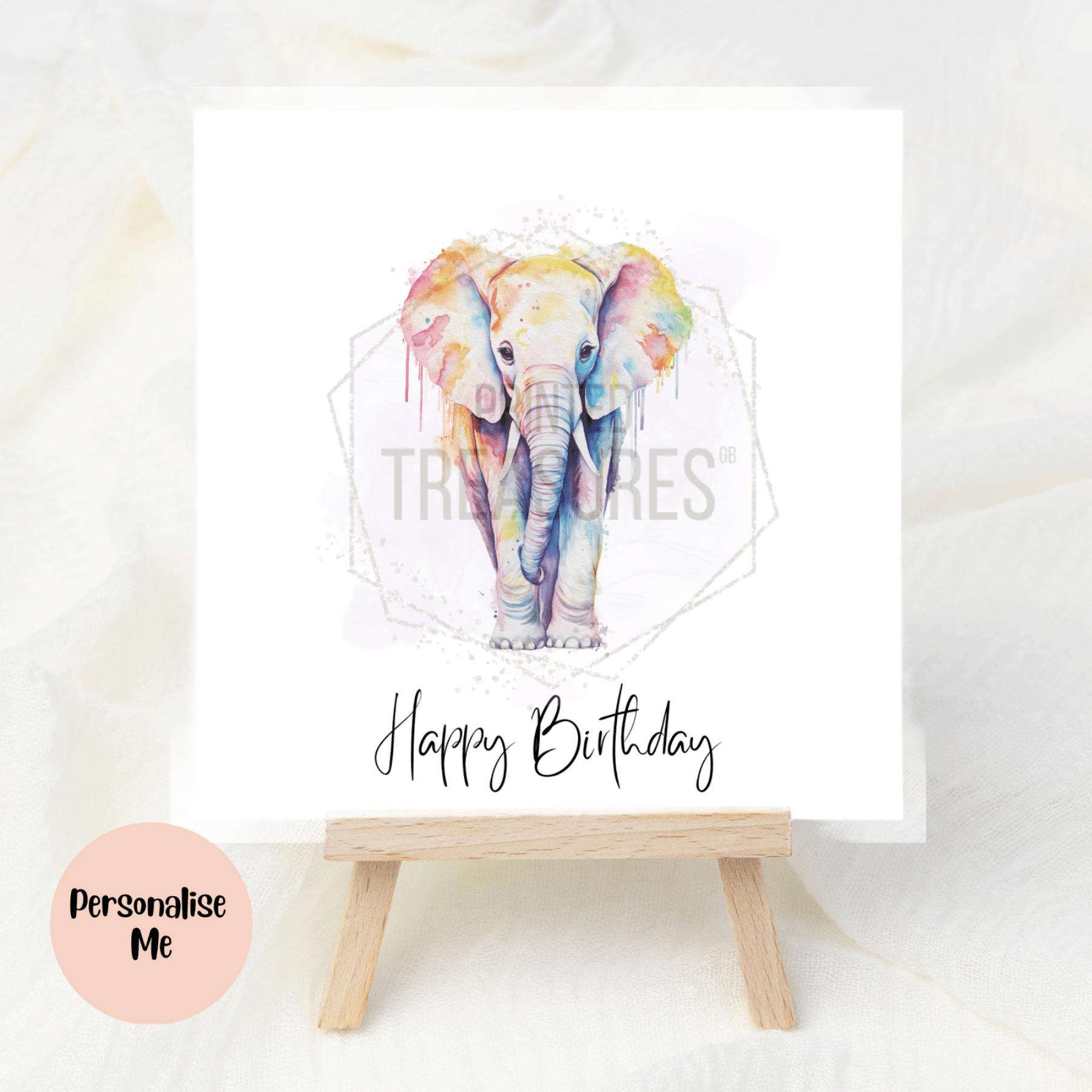 Personalised Rainbow Elephant Birthday Card with custom message on premium cardstock