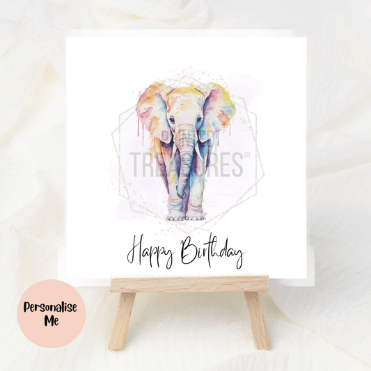 Personalised Rainbow Elephant Birthday Card with custom message on premium cardstock