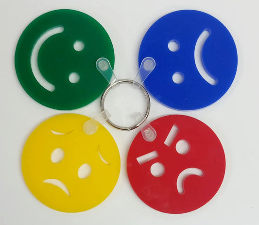 Emotion Face Keyring Set – 4 Acrylic Faces for Kids & SEN Learning - Printed Treasures