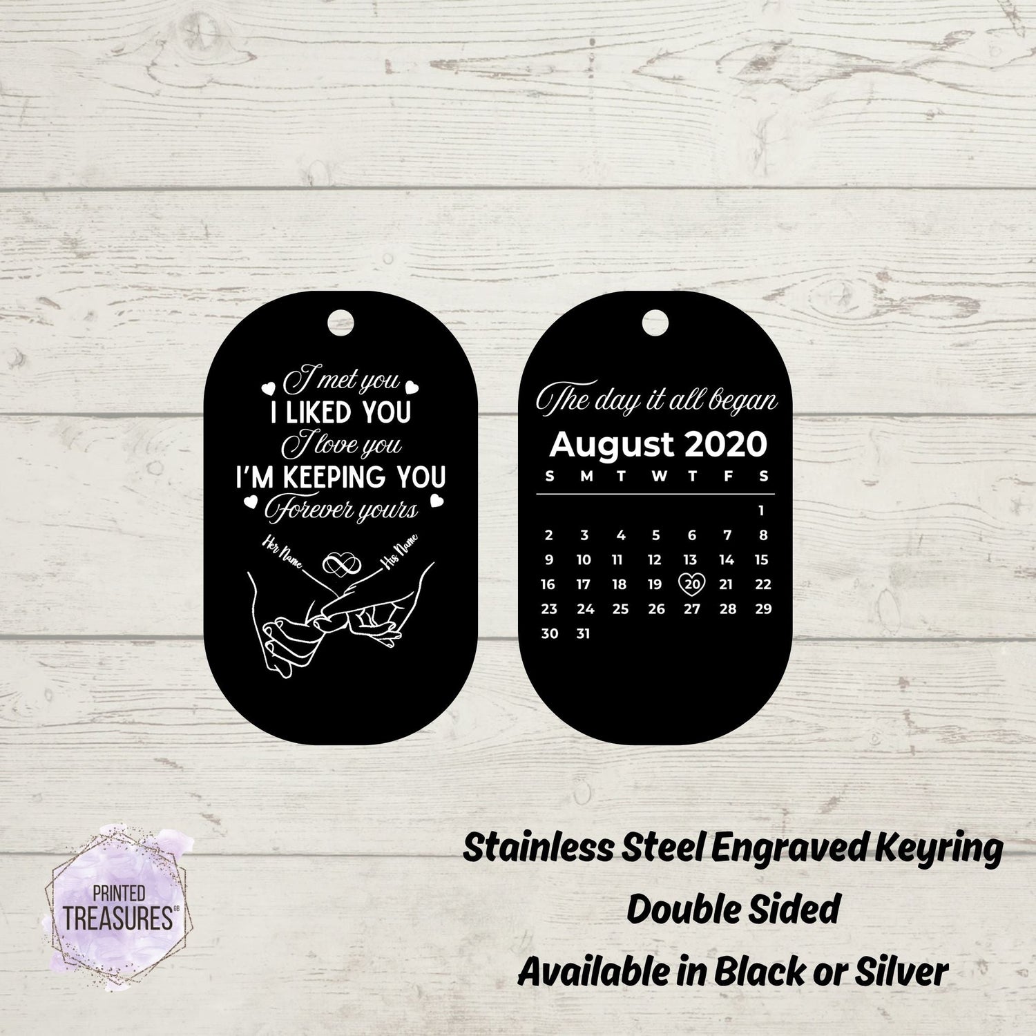 Personalised Keyring – Custom Names & Date, “I Met You, I Liked You” Design with Calendar - Printed Treasures